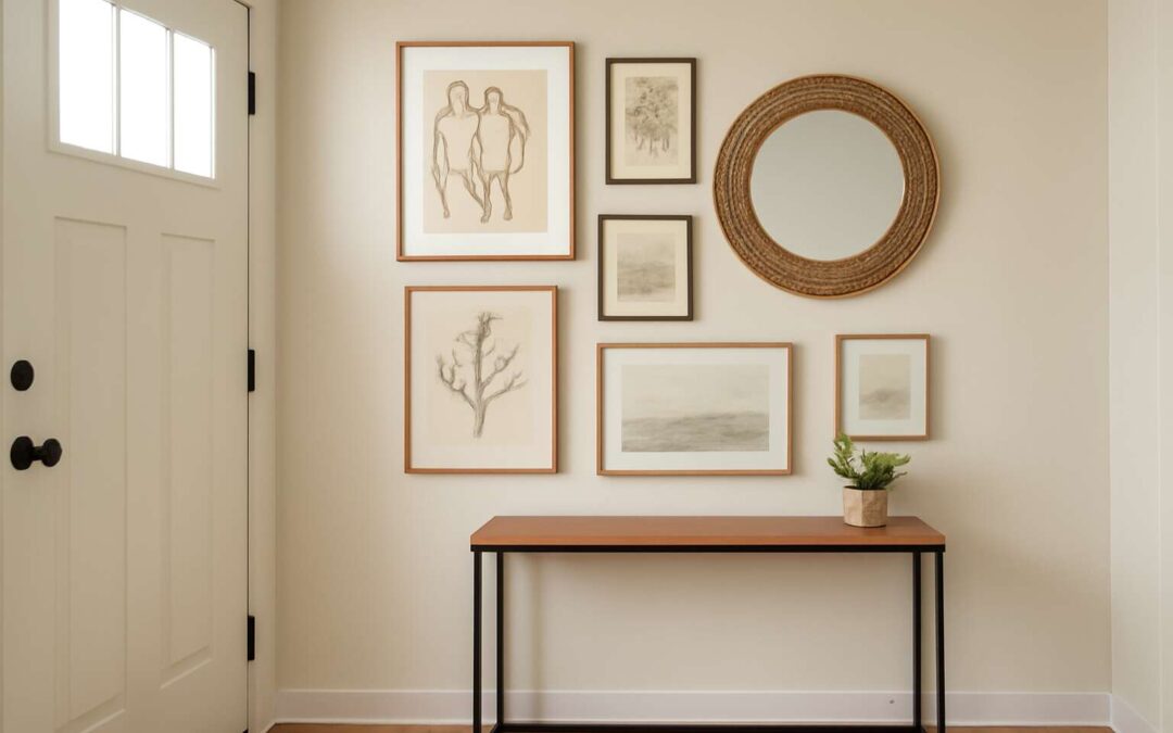 Chic entry vibes are created with wall decor near front door to boost curb appeal