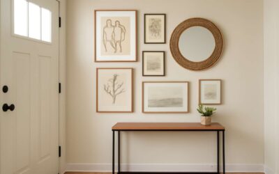 Chic entry vibes are created with wall decor near front door to boost curb appeal