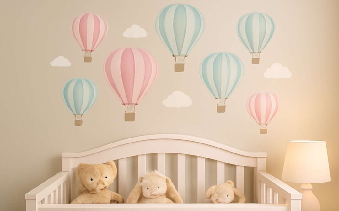 Dreamy nursery vibe with nursery wall decor hot air balloons floating in style.
